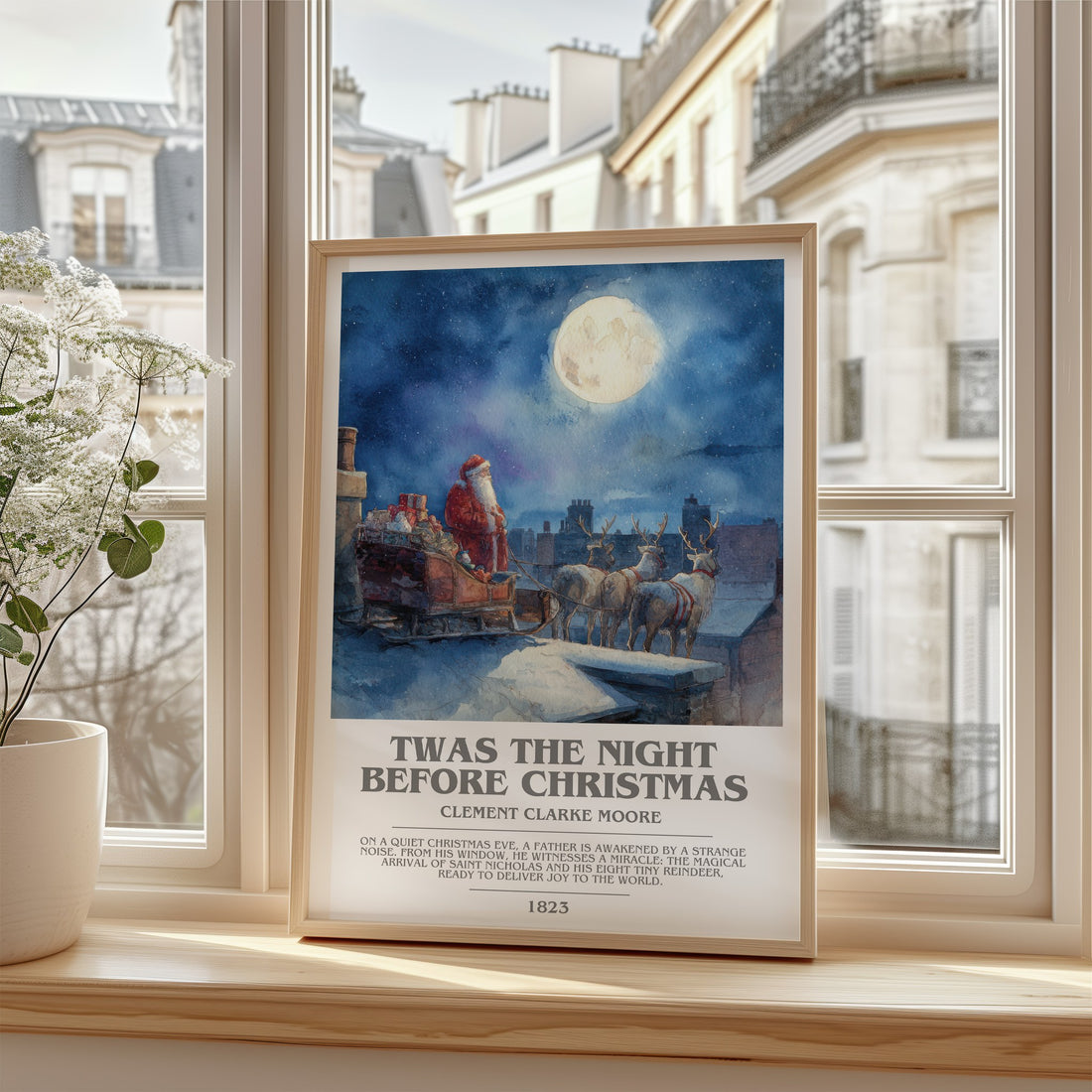 Twas The Night Before Christmas Bookish Wall Art by C. Moore – framed print by a bright window