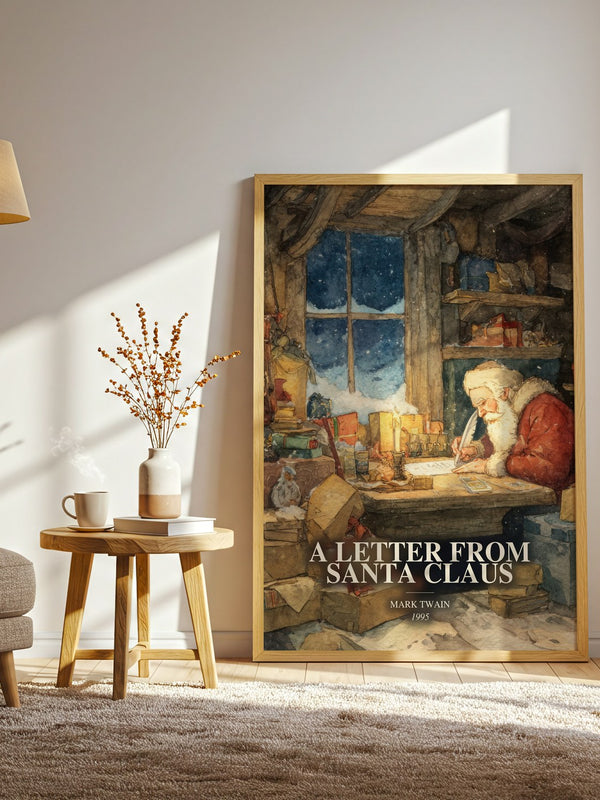 A Letter From Santa Claus watercolour print in frame leaning in hallway – childrens wall art