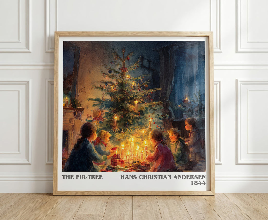 The Fir Tree literary print in frame leaning in hallway – childrens wall art (mockup)