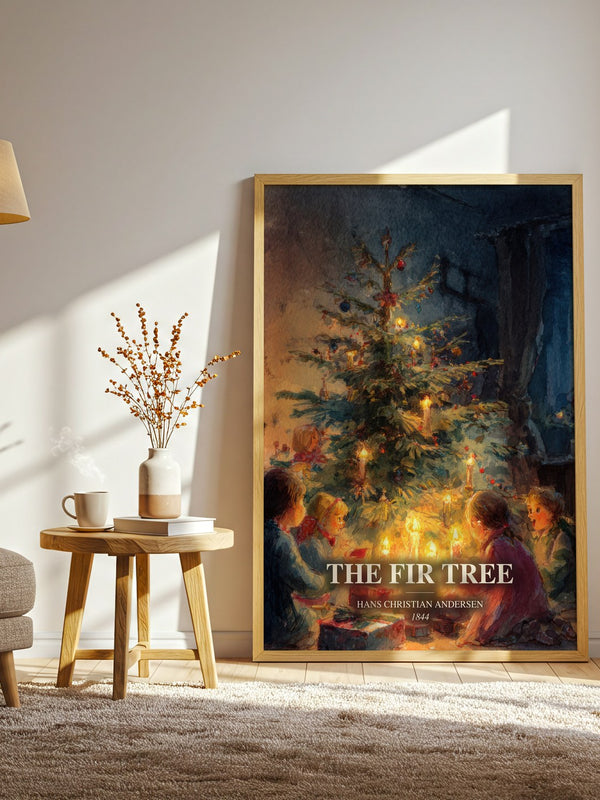 The Fir Tree watercolour print in frame leaning in hallway – childrens wall art