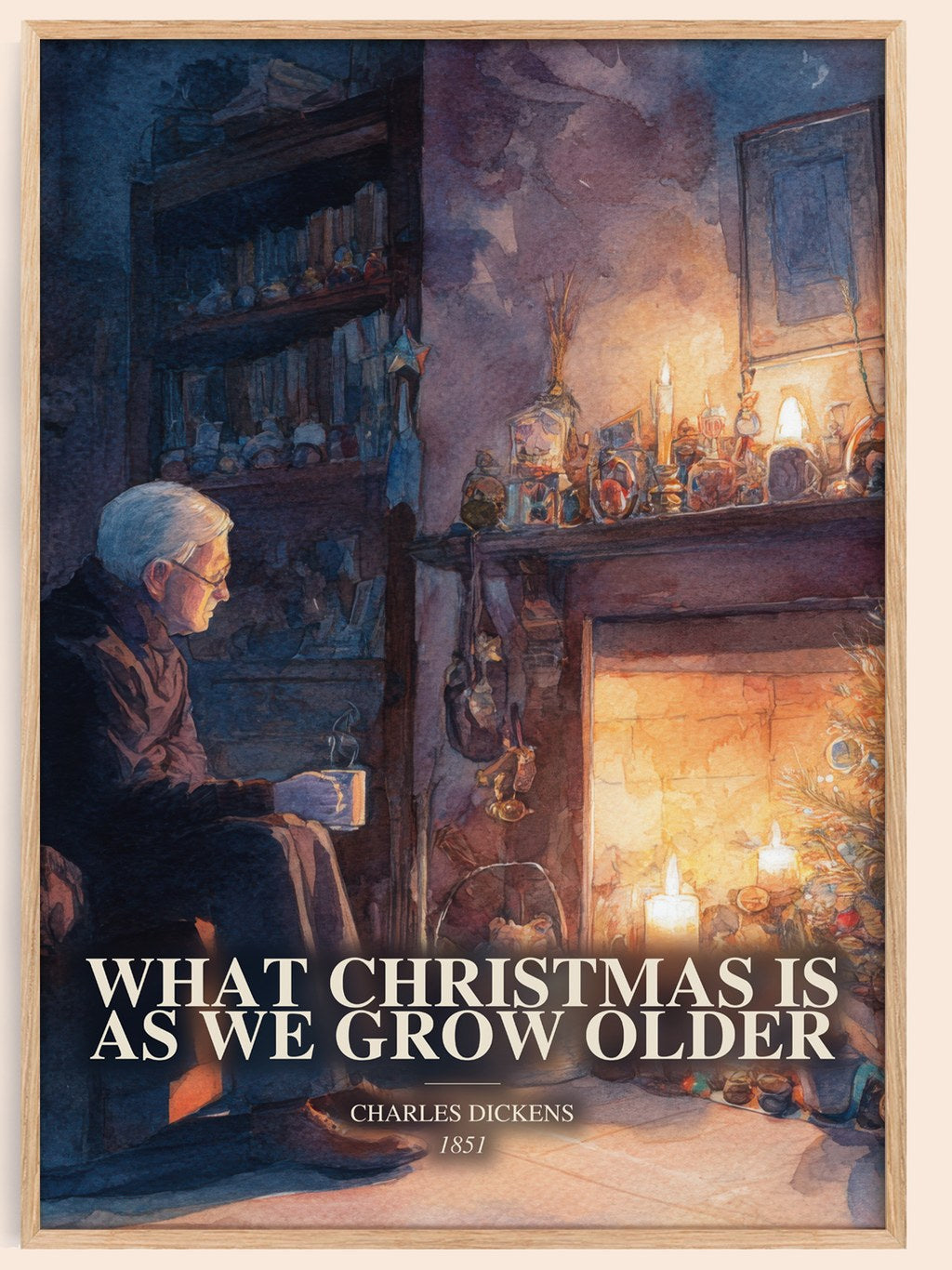 What Christmas Is As We Grow Older watercolour book poster by Charles Dickens – framed literary art print