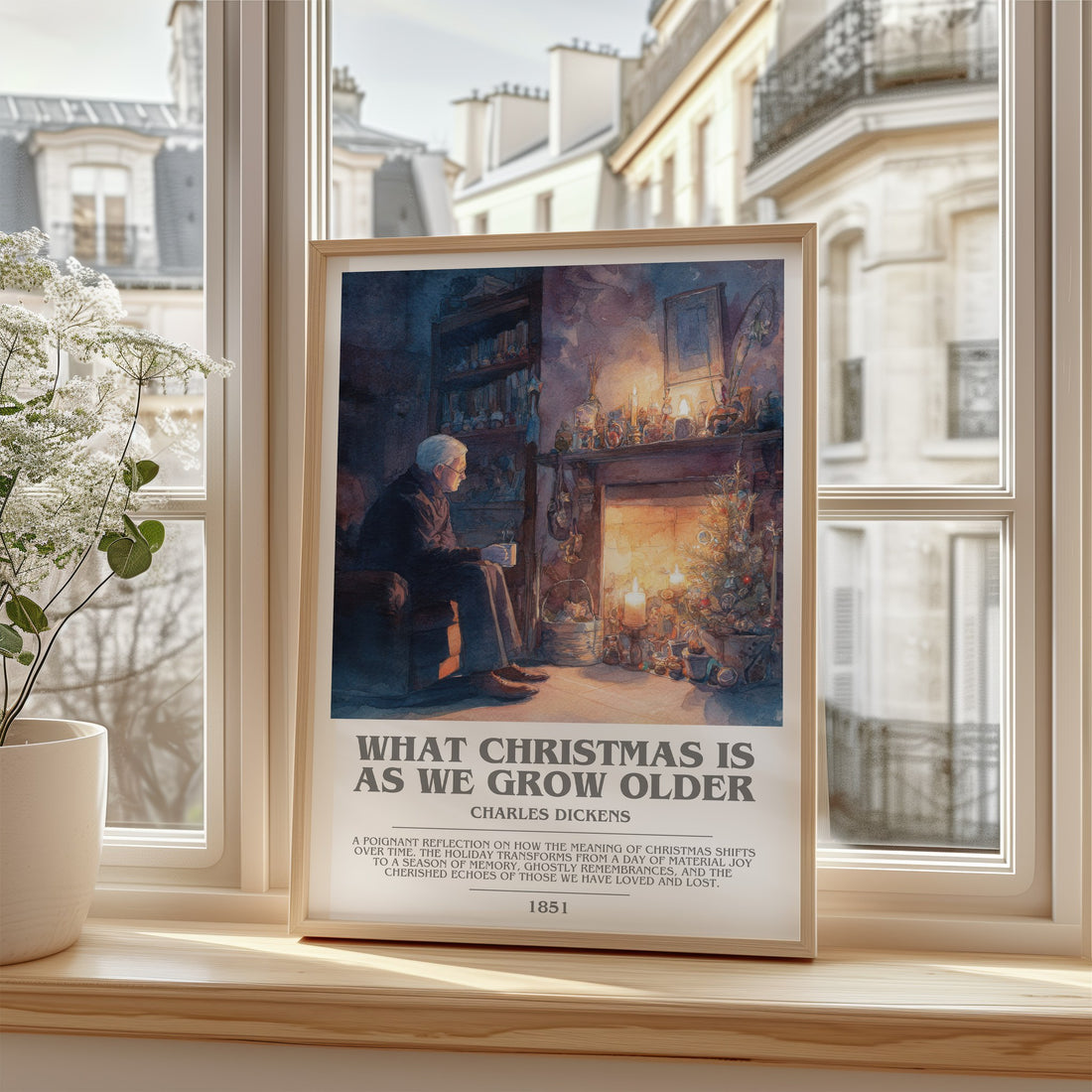 What christmas is as we grow older Bookish Wall Art by Charles Dickens – framed print by a bright window