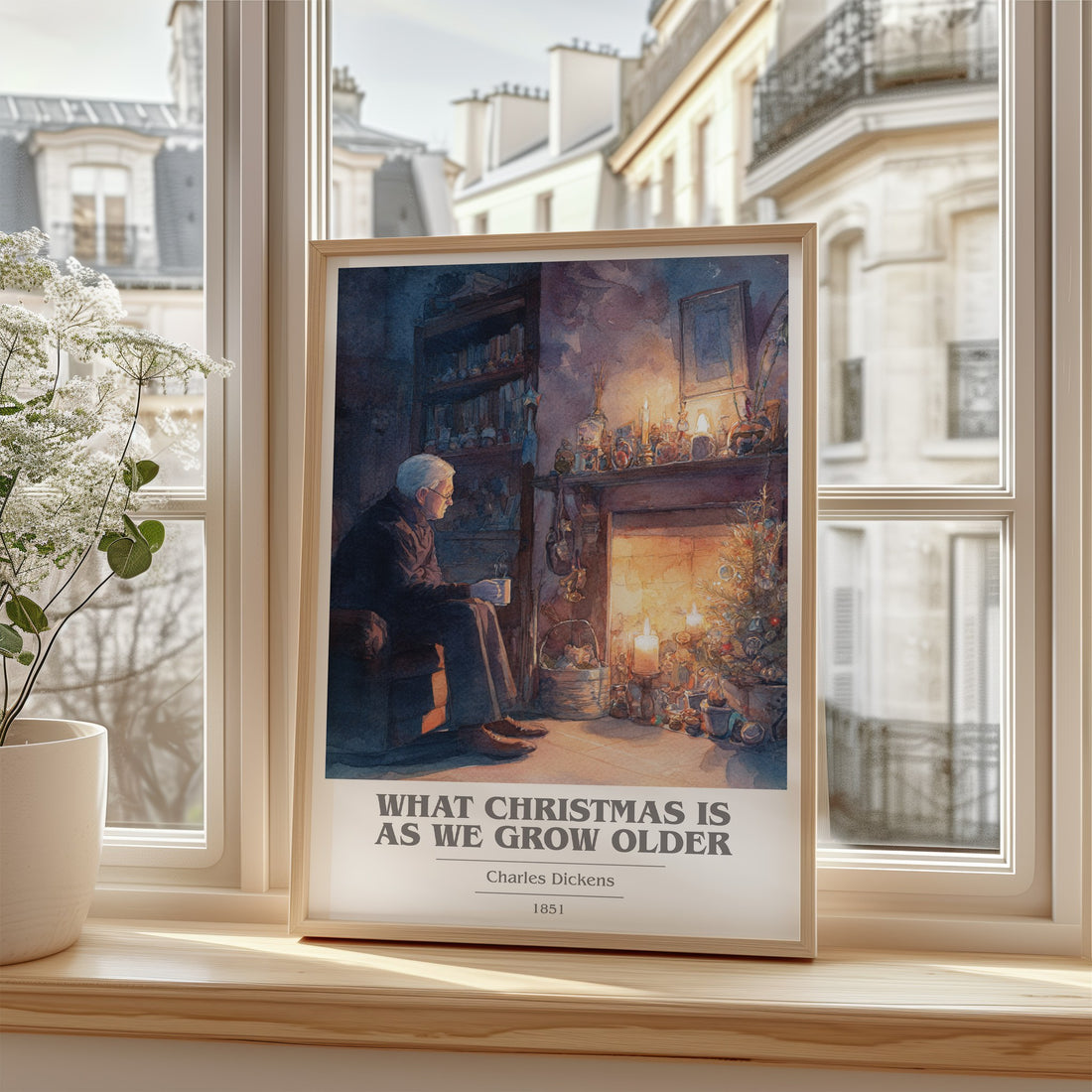 What christmas is as we grow older Book Cover Poster by C. Dickens – framed print by a bright window