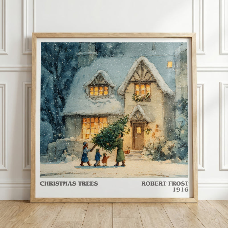 Christmas Trees literary print in frame leaning in hallway – poetry wall art
