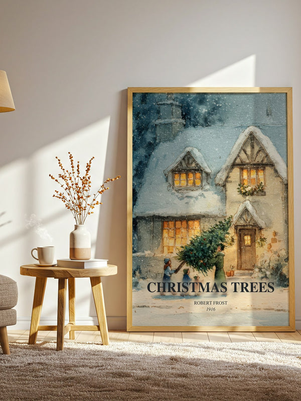 Christmas Trees watercolour print in frame leaning in hallway – poetry wall art