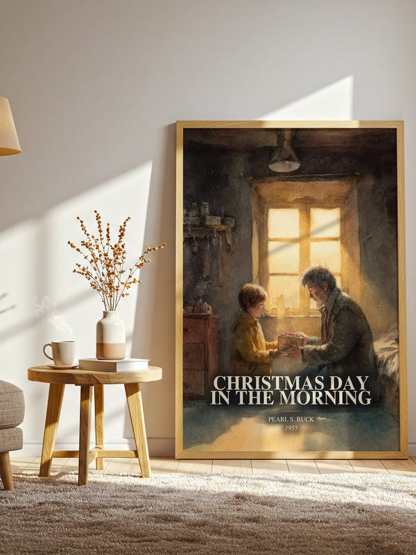 Christmas Day In The Morning watercolour print in frame leaning in hallway – childrens wall art
