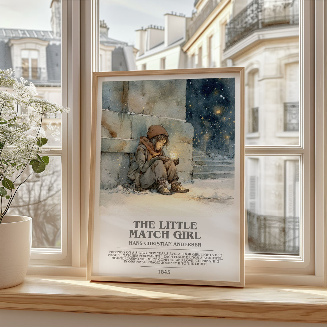 The Little Match Girl Bookish Wall Art by Hans Christian Andersen – framed print by a bright window