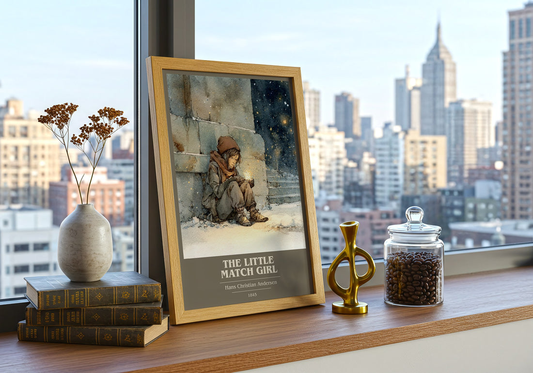 The Little Match Girl Book Cover Poster by Hans Christian Andersen – framed print on a city-view windowsill