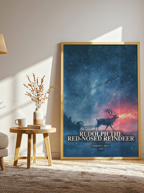 Rudolph The Red-Nosed Reindeer watercolour print in frame leaning in hallway – childrens wall art