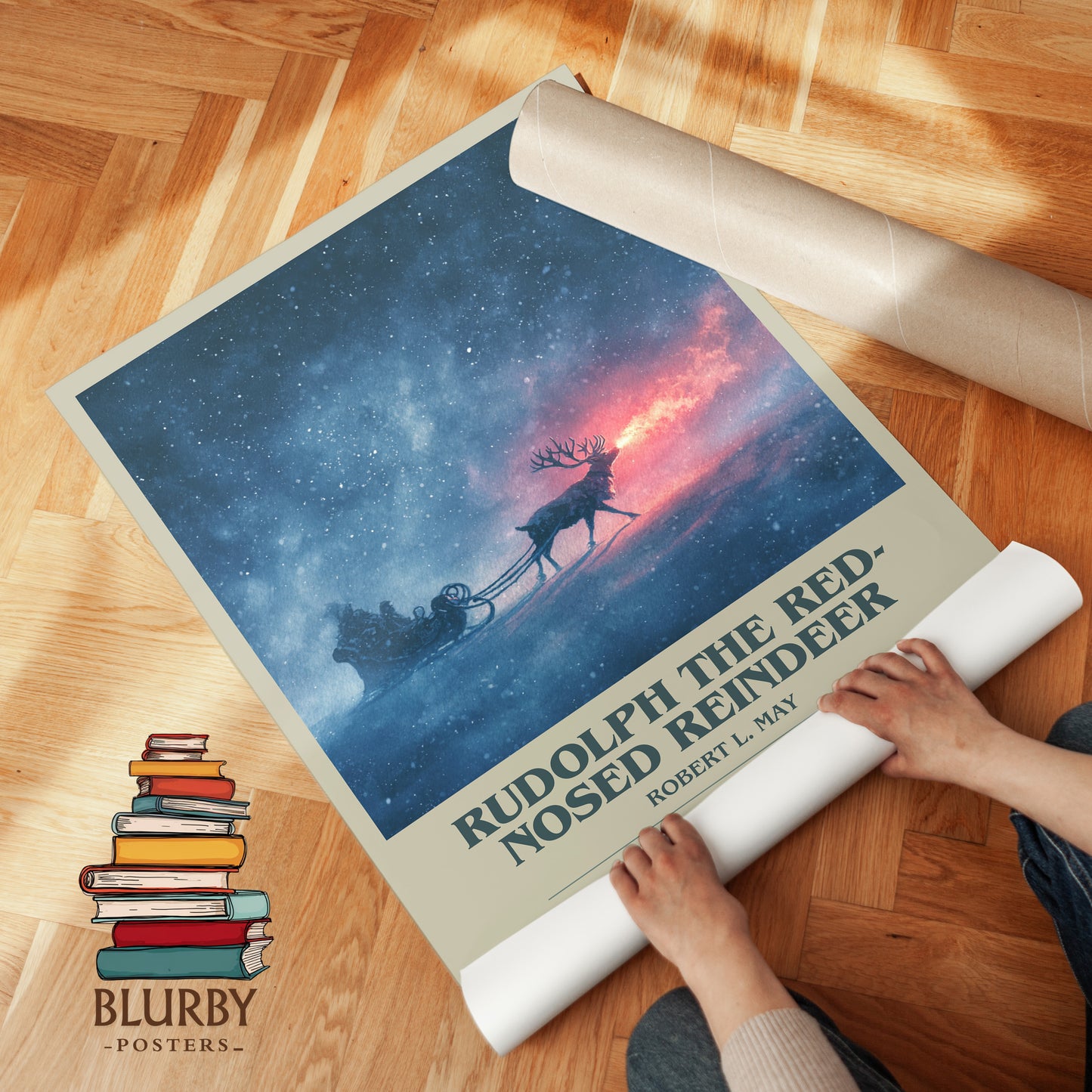 Rudolph the Red-Nosed Reindeer bookish print on bookshelf – Robert L. May fan gift