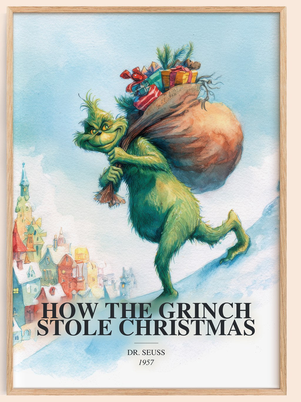 How The Grinch Stole Christmas watercolour book poster by Dr. Seuss – framed literary art print