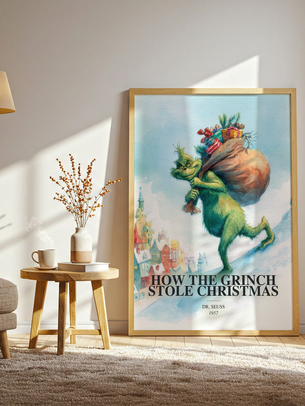 How The Grinch Stole Christmas watercolour print in frame leaning in hallway – childrens wall art