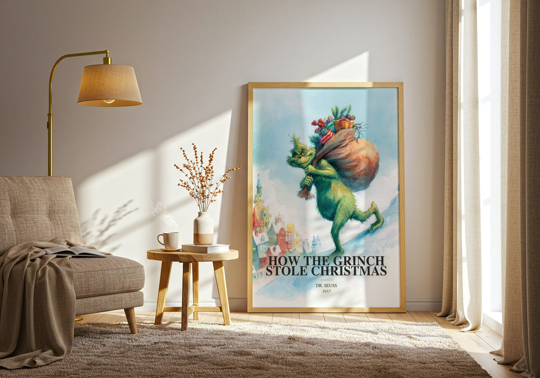 How The Grinch Stole Christmas watercolour print in frame leaning in hallway – childrens wall art (mockup)