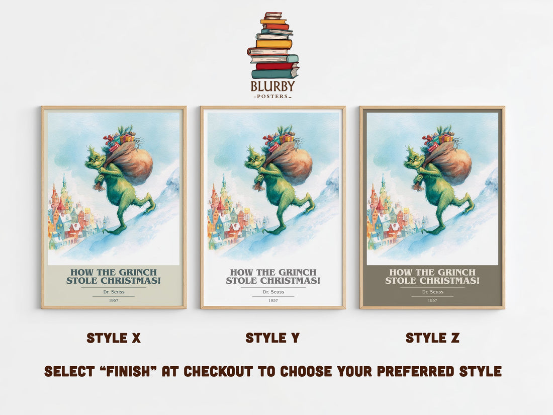 How the Grinch Stole Christmas book cover print in frame leaning in hallway – childrens wall art (mockup)