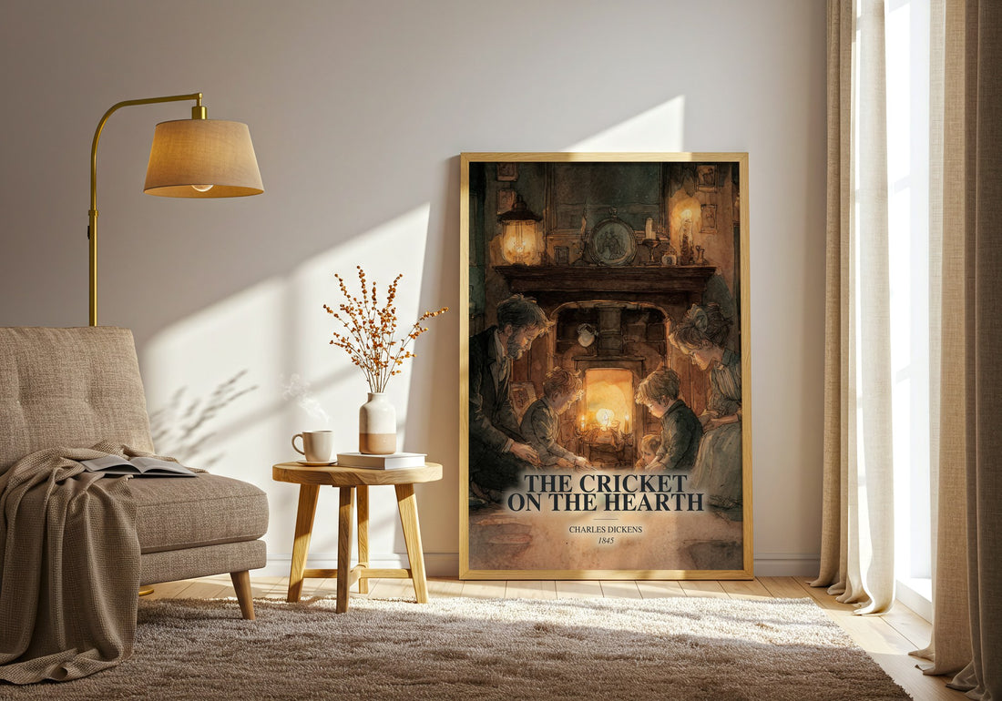 The Cricket On The Hearth watercolour print in frame leaning in hallway – classic literature wall art (mockup)