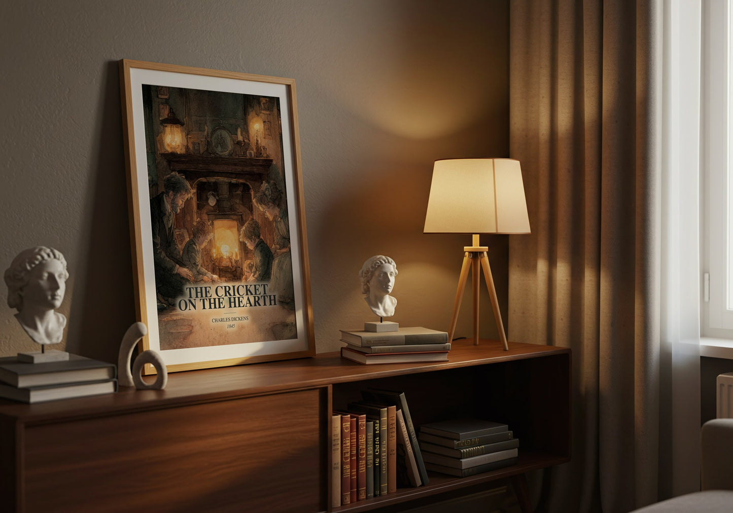 The Cricket On The Hearth watercolour print on bookshelf – Charles Dickens fan gift