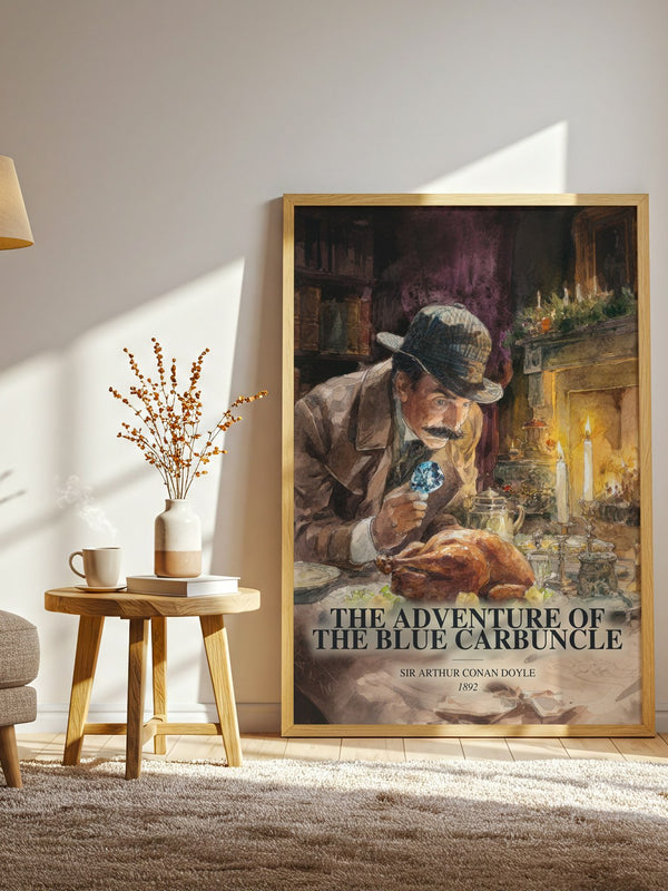 The Adventure Of The Blue Carbuncle watercolour print in frame leaning in hallway – mystery wall art