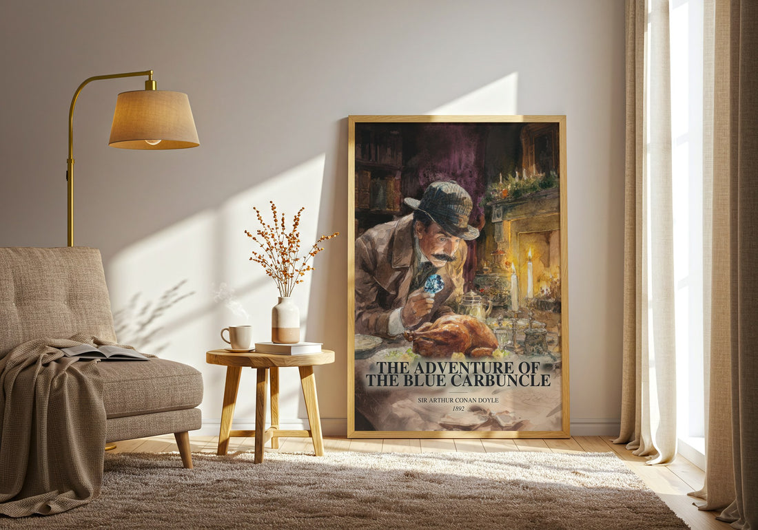 The Adventure Of The Blue Carbuncle watercolour print in frame leaning in hallway – mystery wall art (mockup)