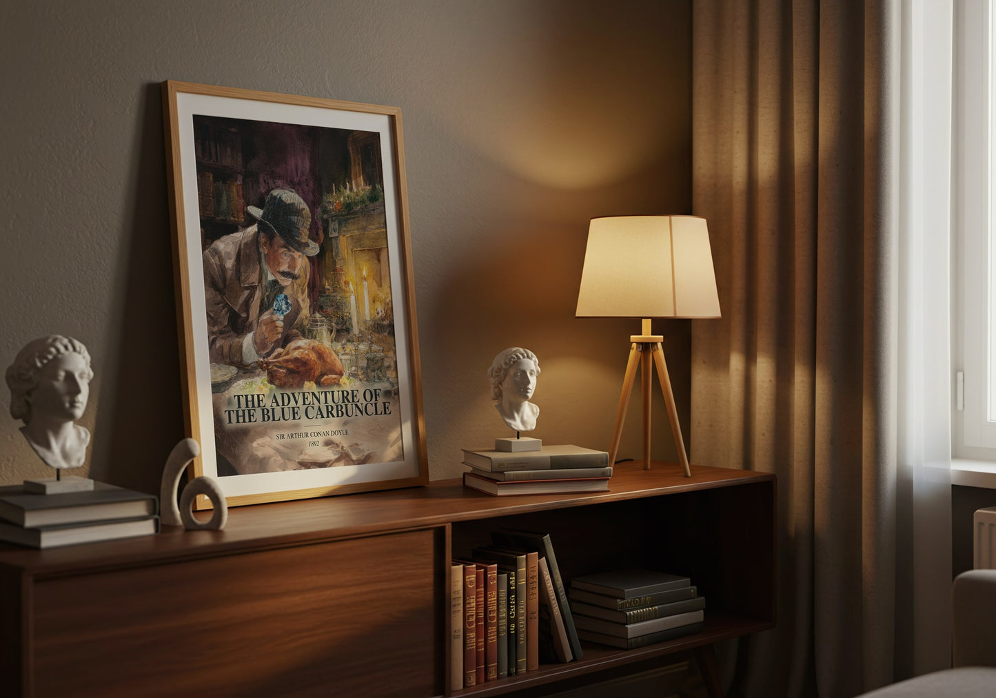 The Adventure Of The Blue Carbuncle watercolour print on bookshelf – Sir Arthur Conan Doyle fan gift