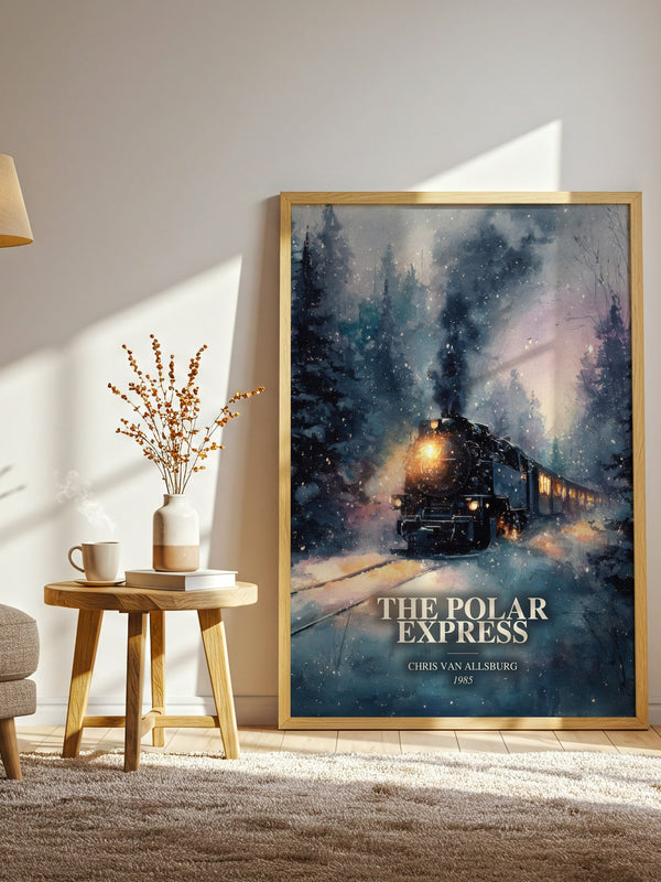 The Polar Express watercolour print in frame leaning in hallway – childrens wall art