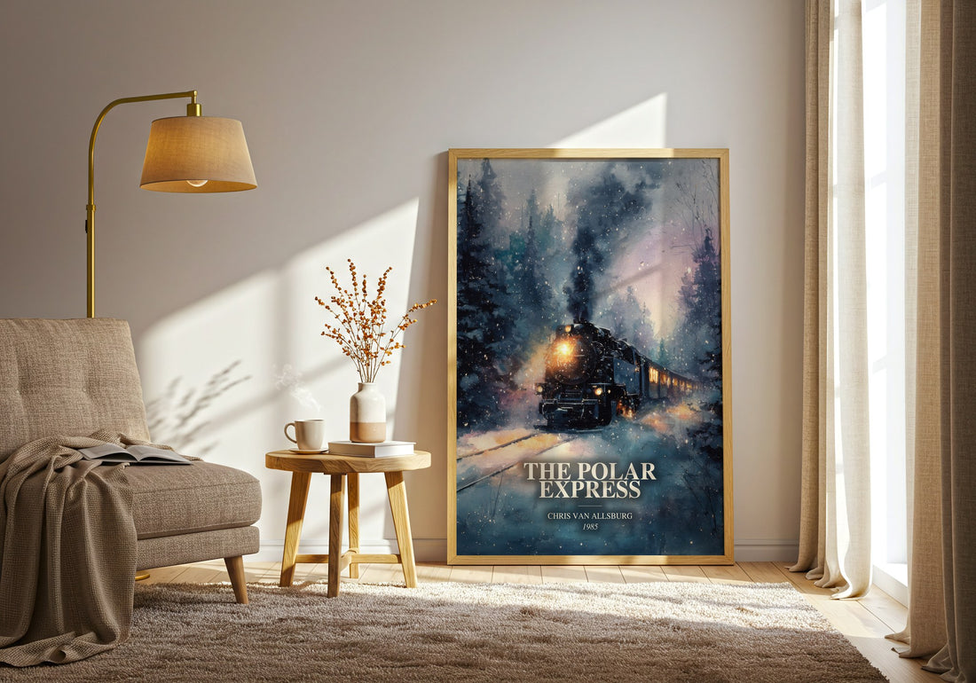 The Polar Express watercolour print in frame leaning in hallway – childrens wall art (mockup)