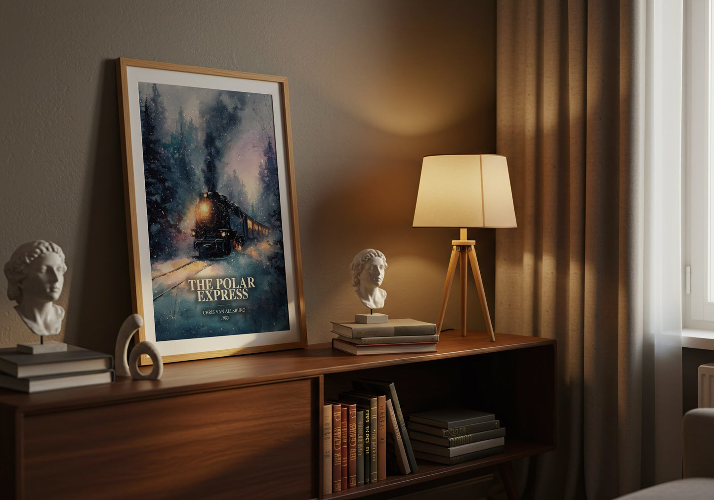 The Polar Express watercolour print on bookshelf – Chris Van Allsburg fan gift