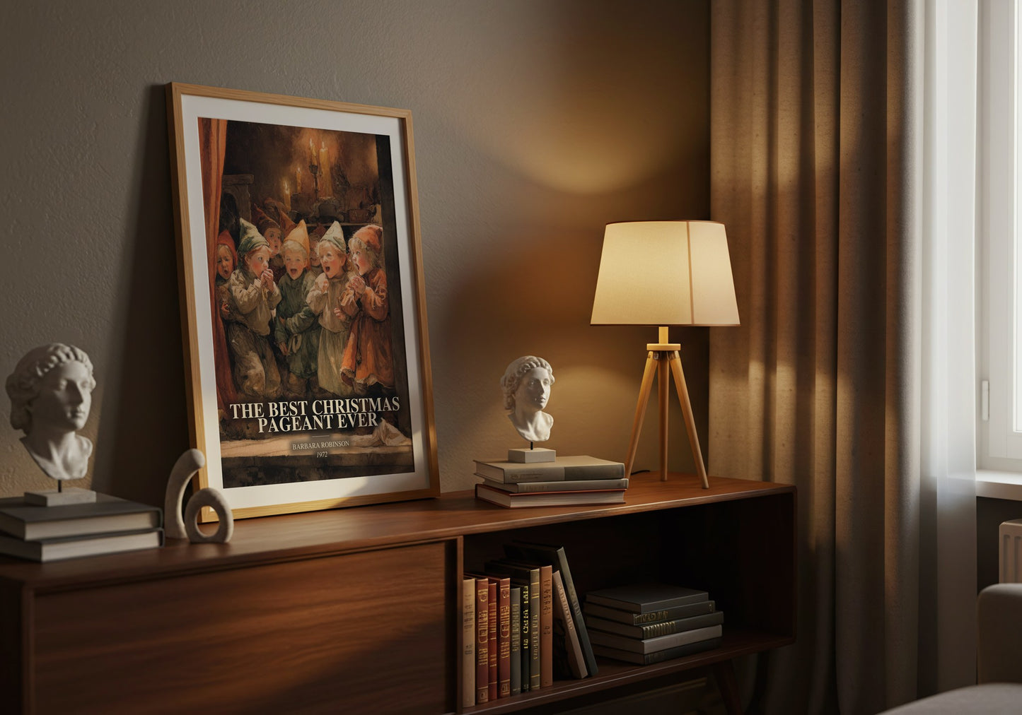 The Best Christmas Pageant Ever watercolour print on bookshelf – Barbara Robinson fan gift