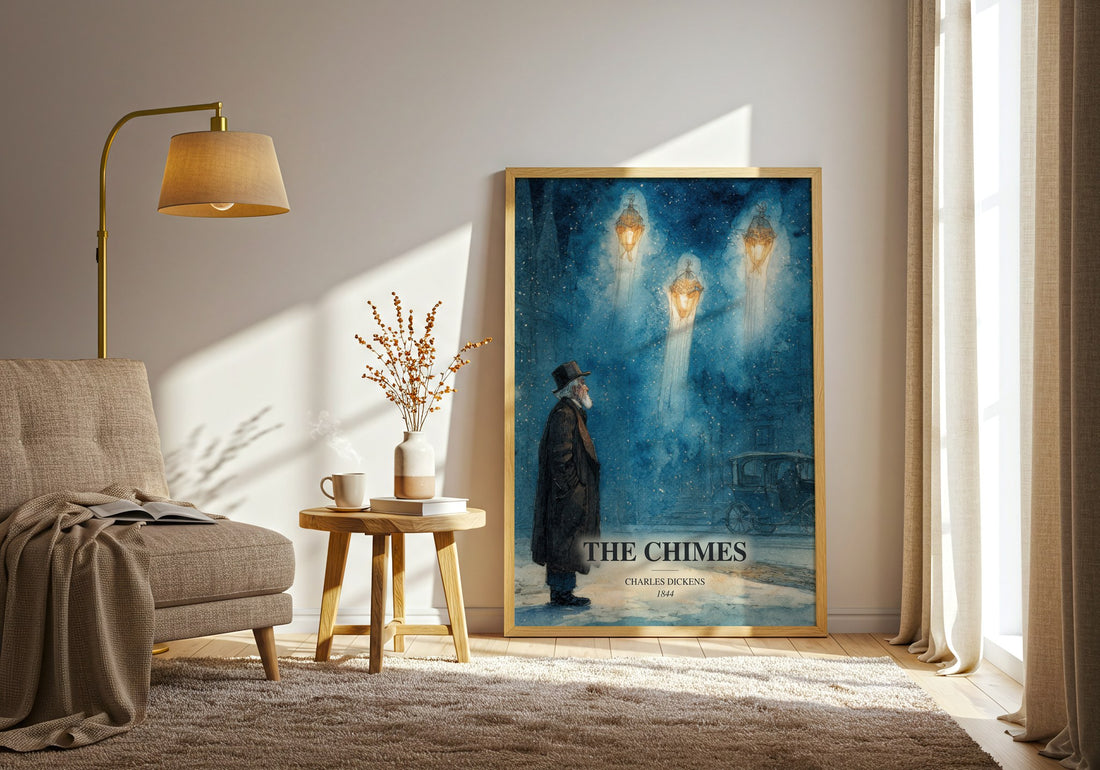 The Chimes watercolour print in frame leaning in hallway – classic literature wall art (mockup)