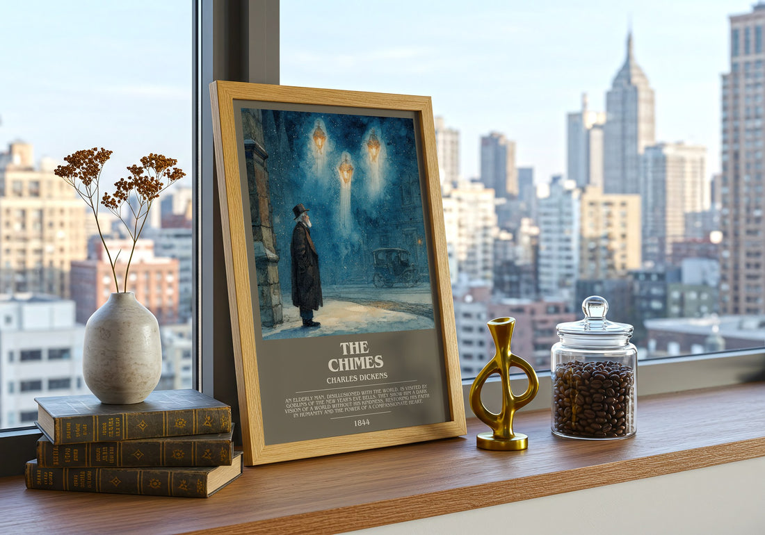 The Chimes Bookish Wall Art by Charles Dickens – framed print on a city-view windowsill