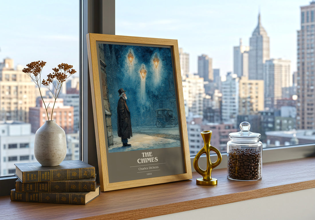 The Chimes Book Cover Poster by Charles Dickens – framed print on a city-view windowsill