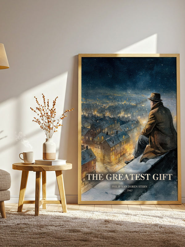 The Greatest Gift watercolour print in frame leaning in hallway – literary fiction wall art