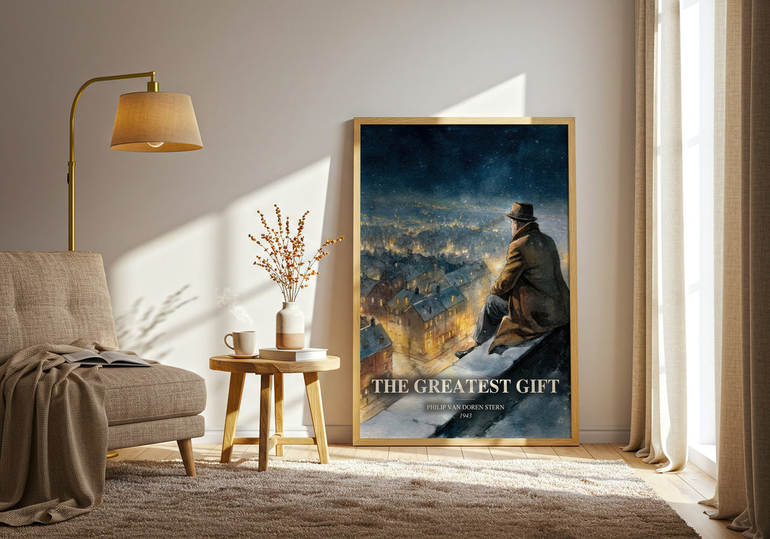 The Greatest Gift watercolour print in frame leaning in hallway – literary fiction wall art (mockup)
