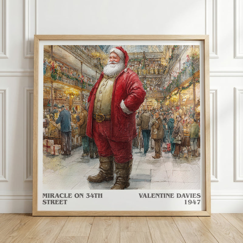 Miracle On 34th Street literary print in frame leaning in hallway – classic literature wall art