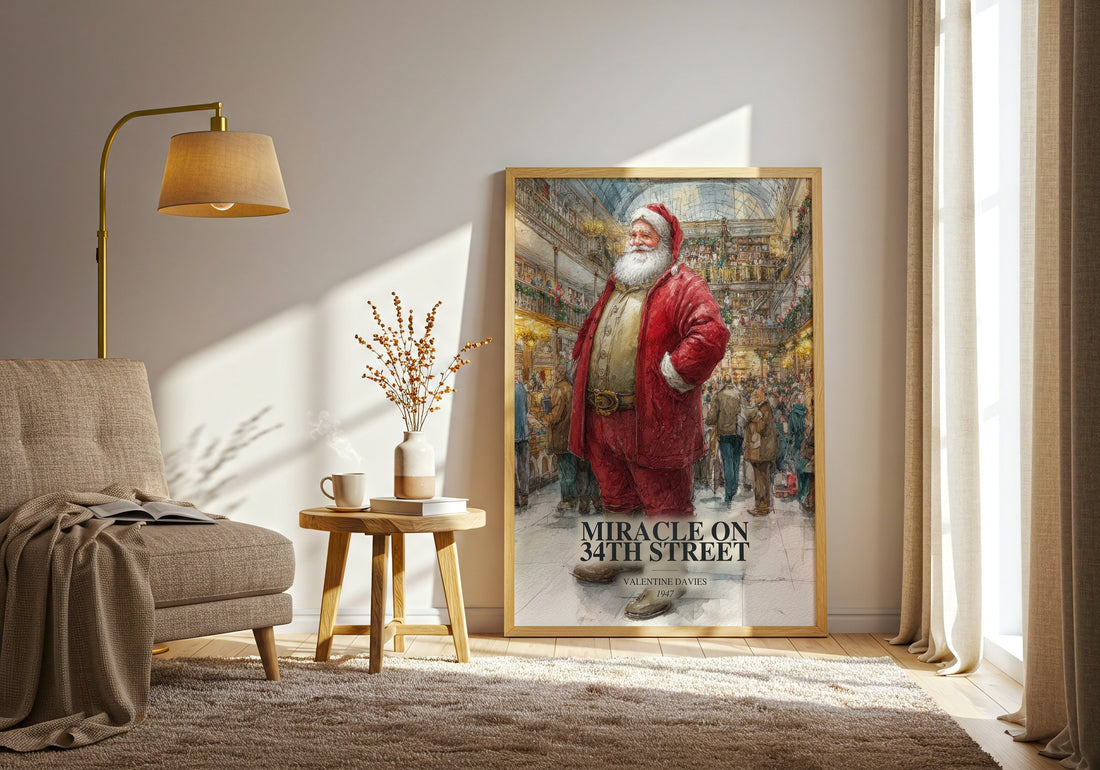 Miracle On 34Th Street watercolour print in frame leaning in hallway – childrens wall art (mockup)