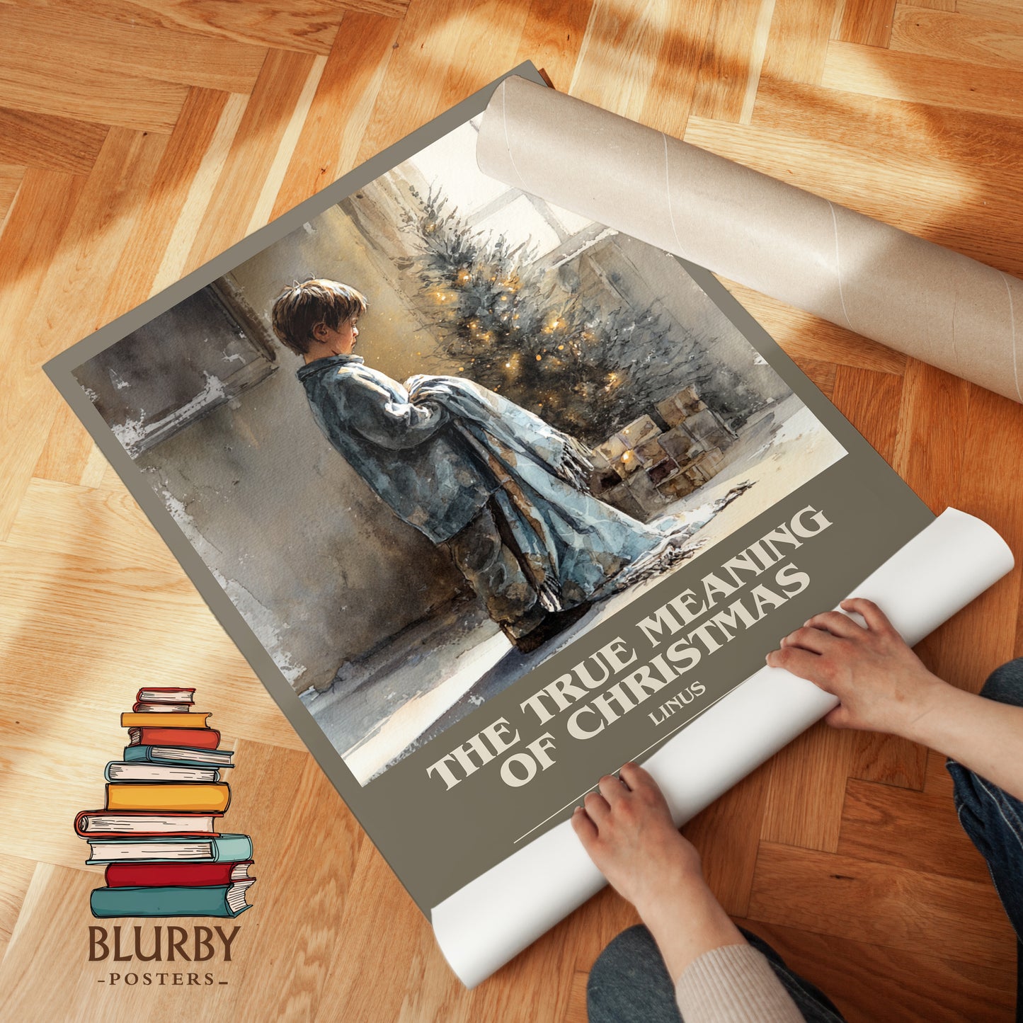 The True Meaning Of Christmas bookish print on bookshelf – Linus fan gift