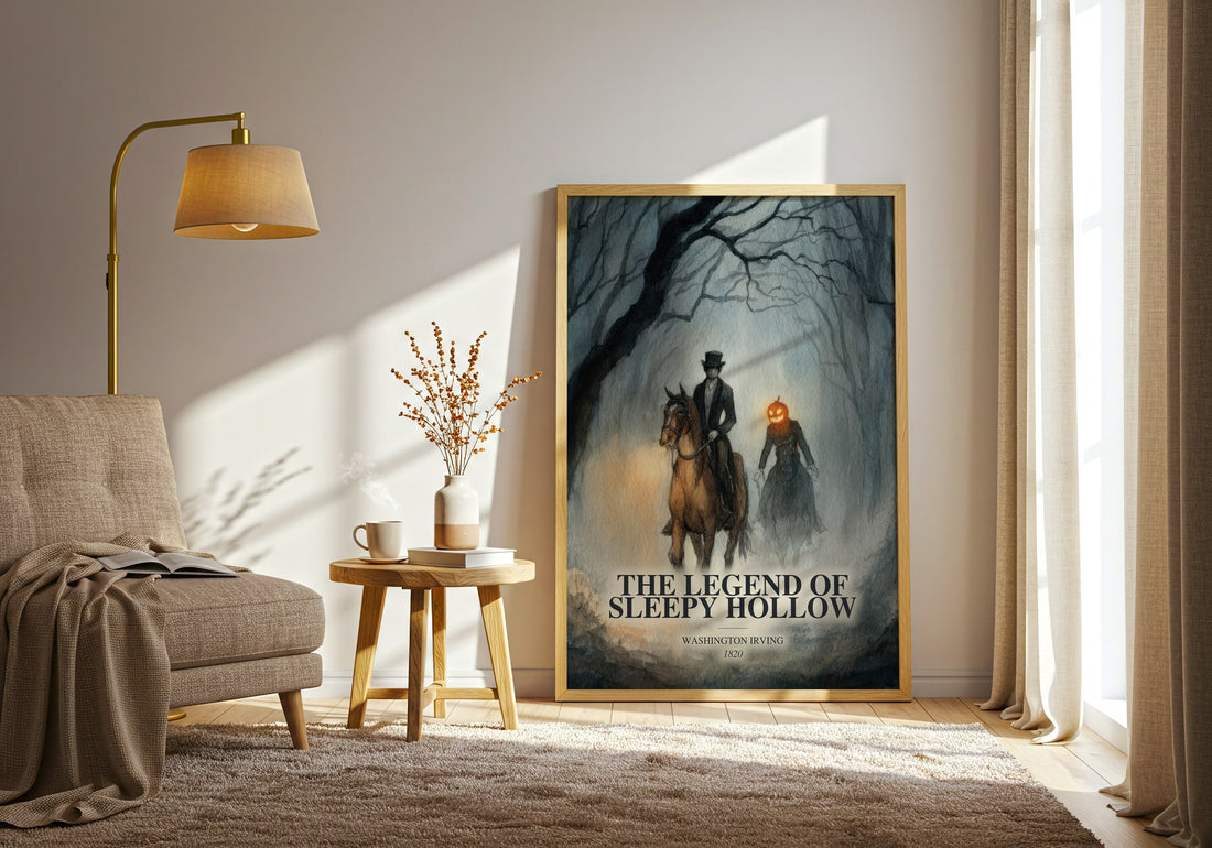 The Legend Of Sleepy Hollow watercolour print in frame leaning in hallway – classic literature wall art (mockup)
