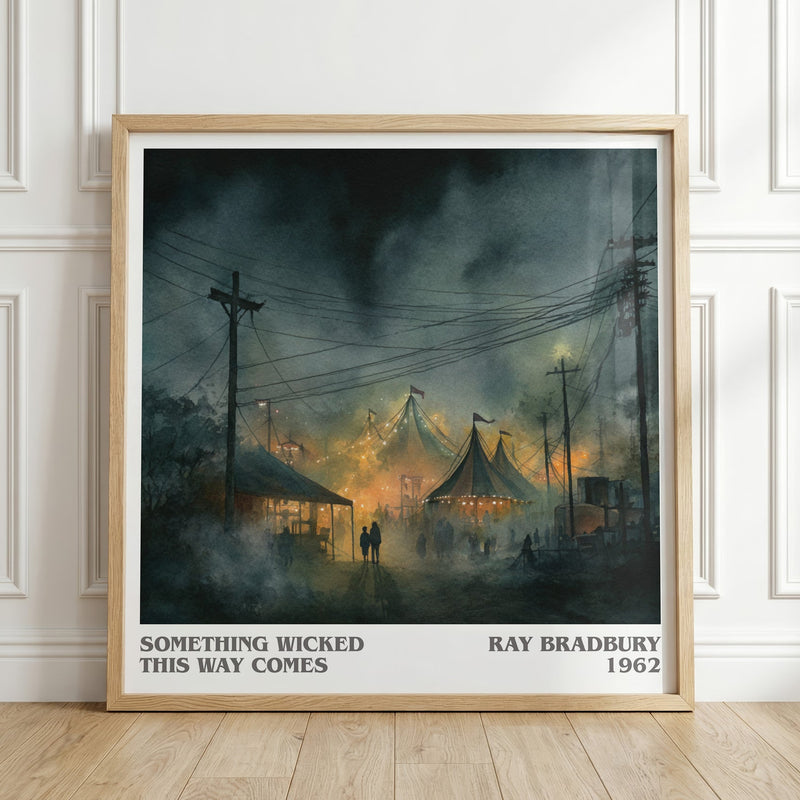 Something Wicked this Way Comes literary print in frame leaning in hallway – horror wall art