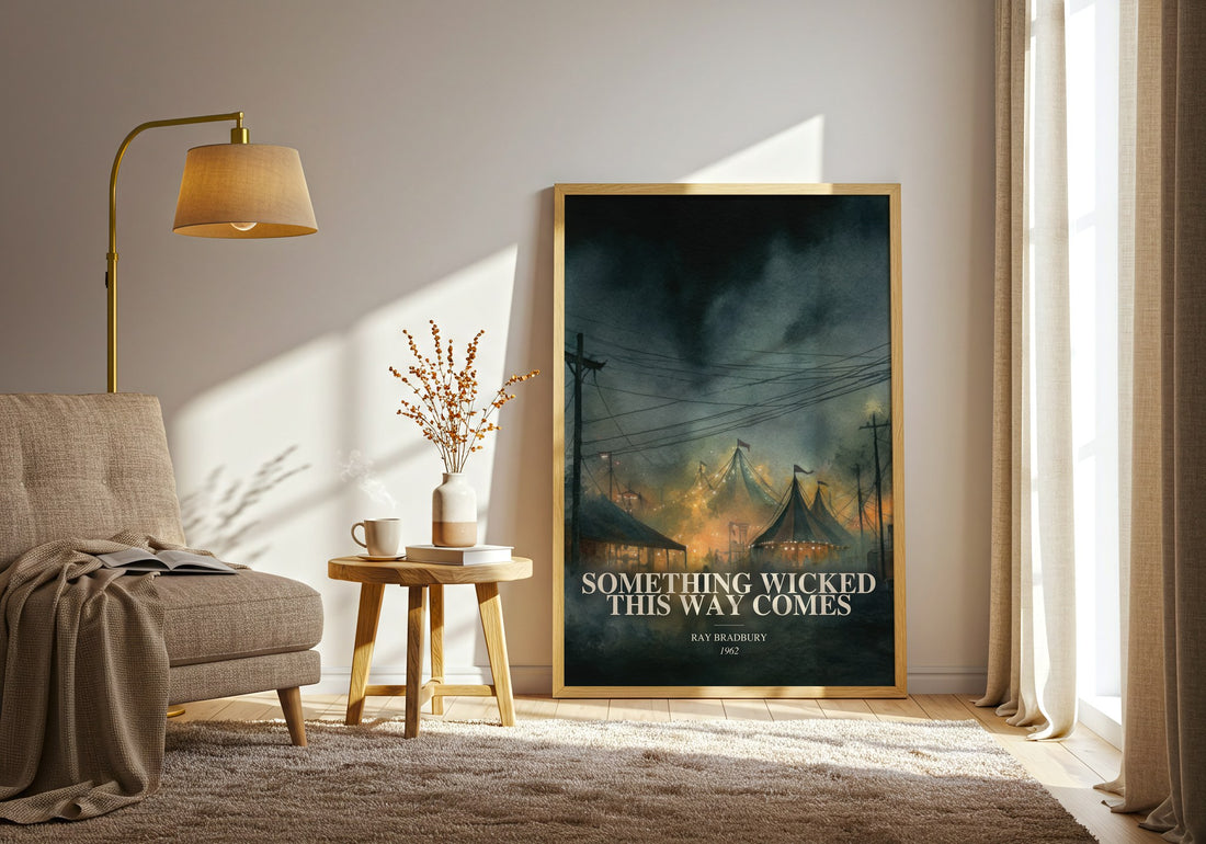 Something Wicked This Way Comes watercolour print in frame leaning in hallway – fantasy wall art (mockup)