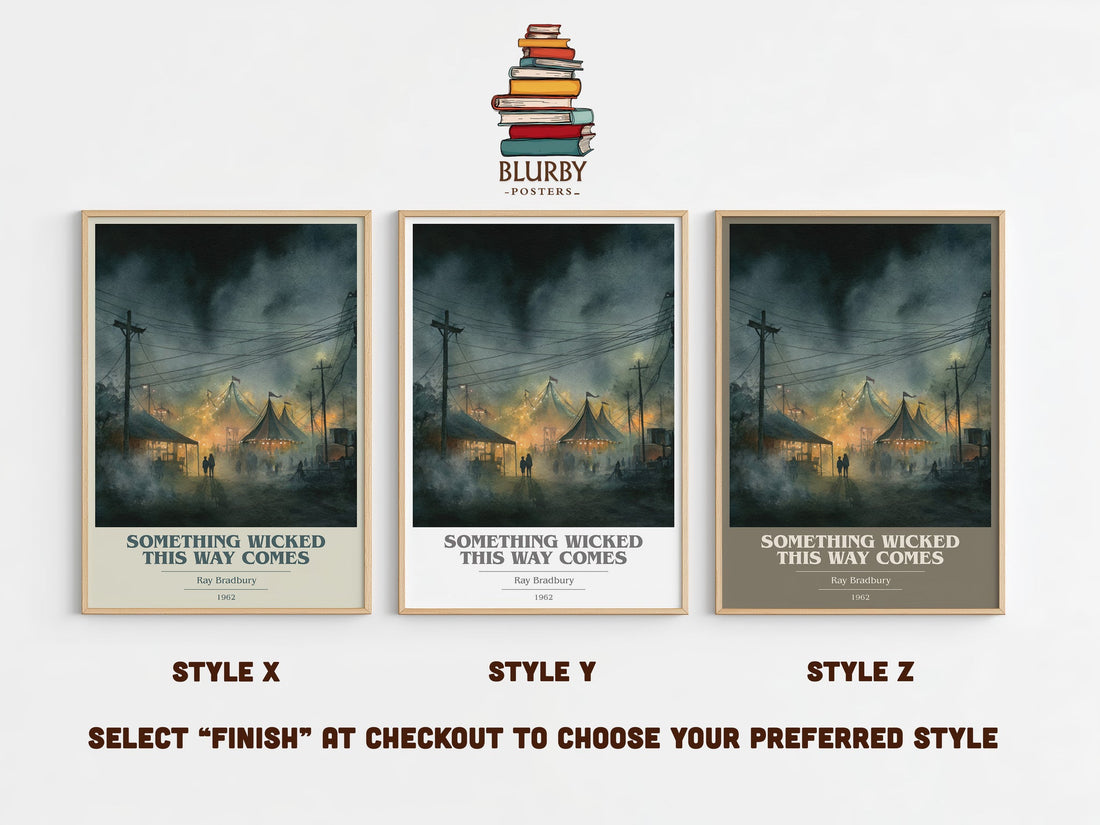 Something Wicked this Way Comes book cover print in frame leaning in hallway – horror wall art (mockup)