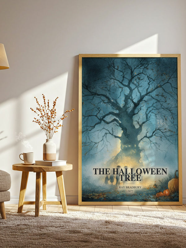 The Halloween Tree watercolour print in frame leaning in hallway – childrens wall art