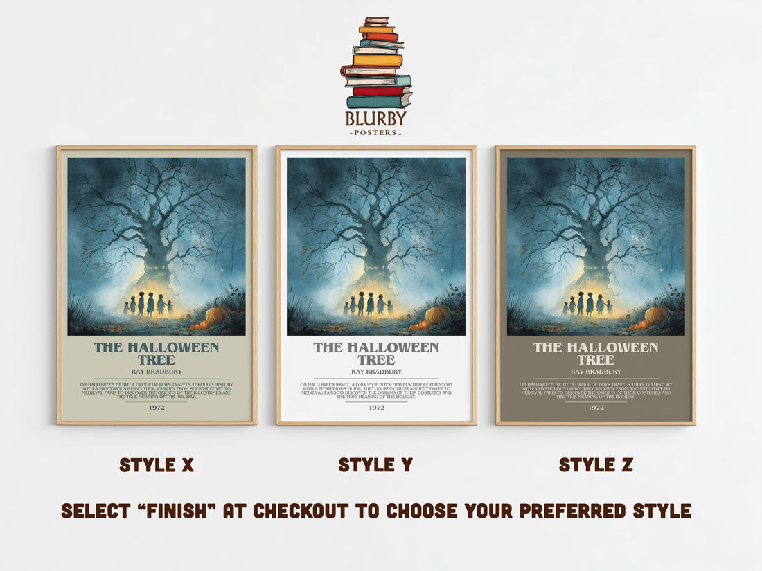 The Halloween Tree bookish print in frame leaning in hallway – childrens wall art (mockup)