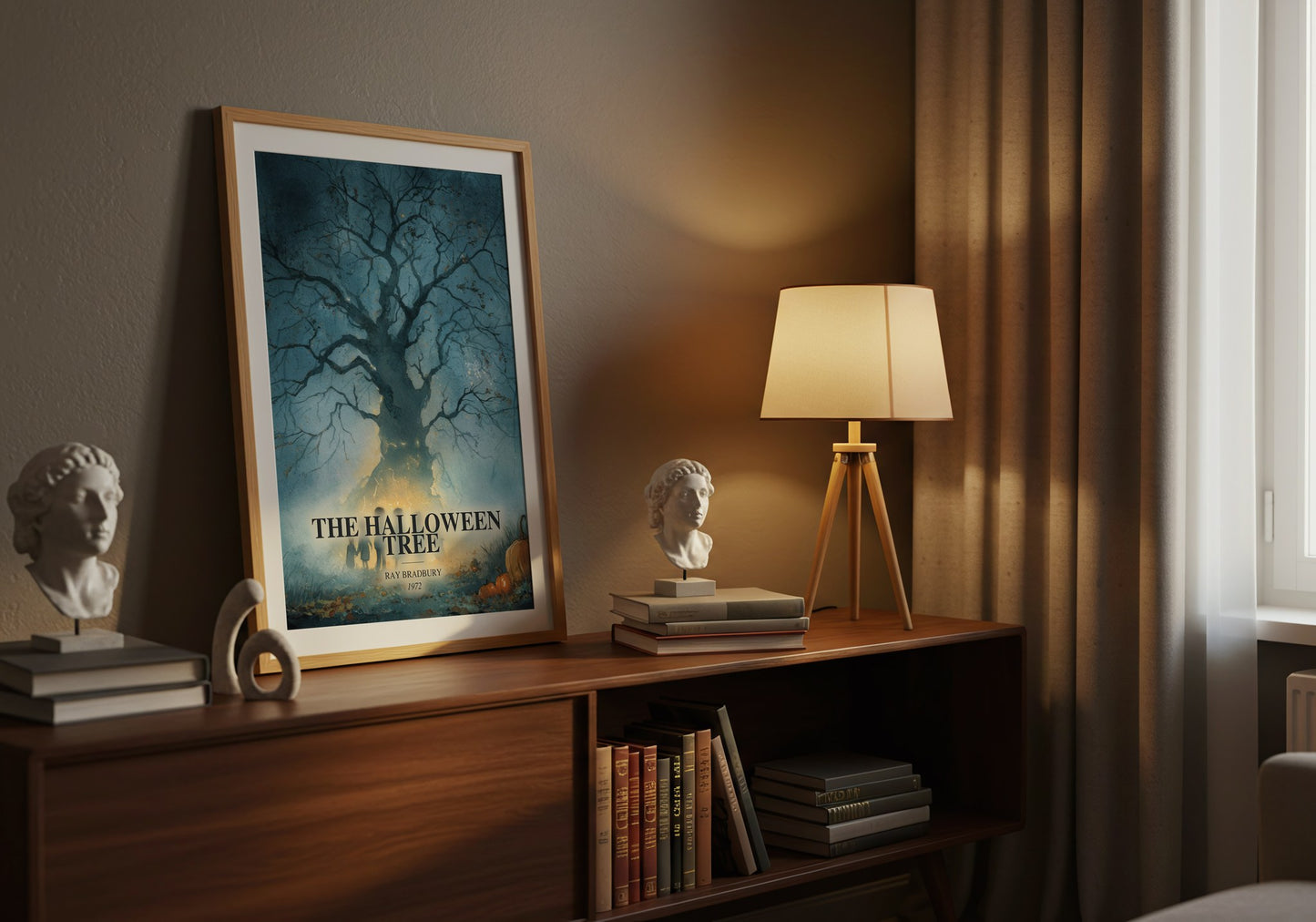 The Halloween Tree watercolour print on bookshelf – Ray Bradbury fan gift