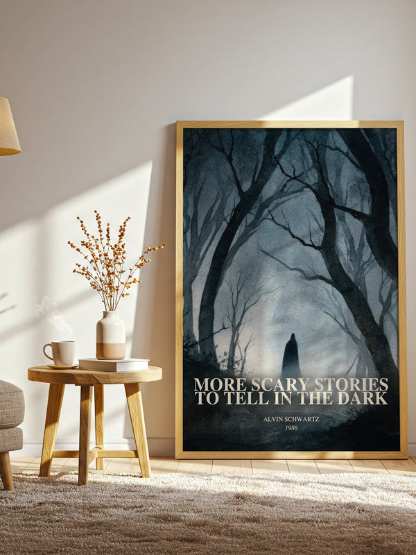 More Scary Stories To Tell In The Dark watercolour print in frame leaning in hallway – childrens wall art