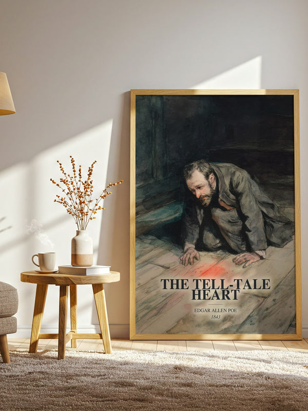 The Tell-Tale Heart watercolour print in frame leaning in hallway – horror wall art