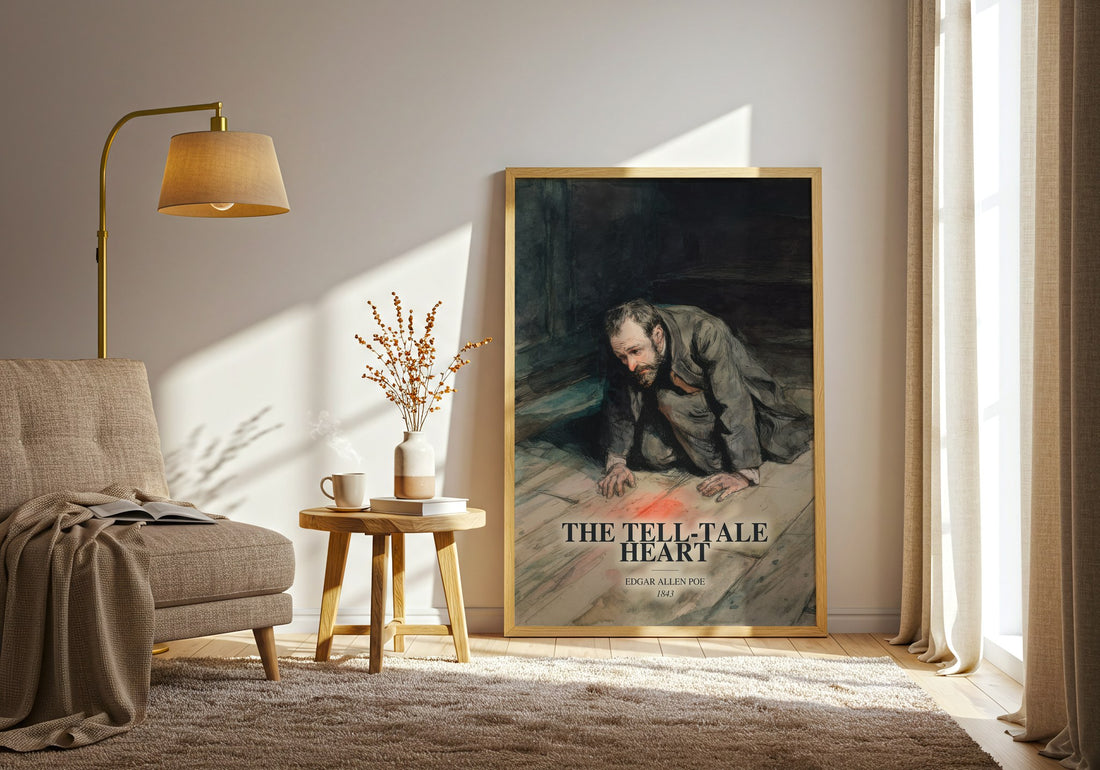 The Tell-Tale Heart watercolour print in frame leaning in hallway – horror wall art (mockup)