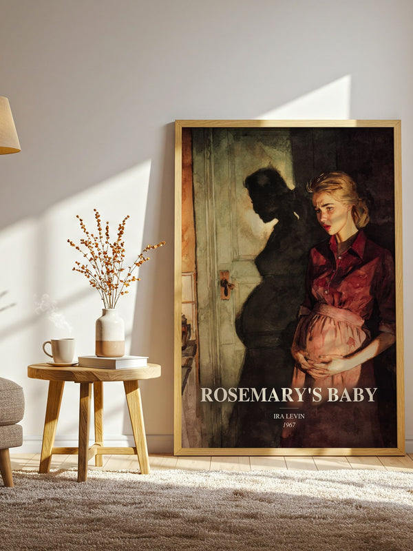 Rosemary'S Baby watercolour print in frame leaning in hallway – horror wall art