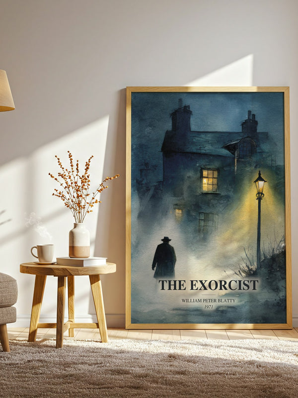 The Exorcist watercolour print in frame leaning in hallway – horror wall art