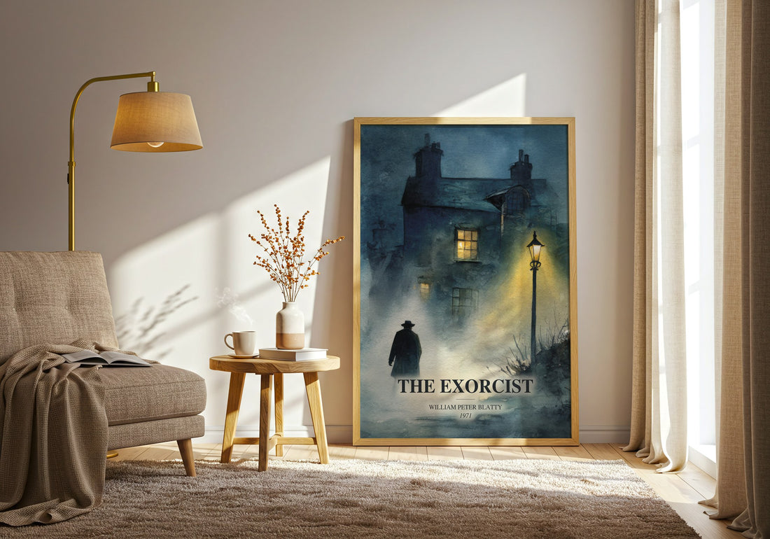 The Exorcist watercolour print in frame leaning in hallway – horror wall art (mockup)