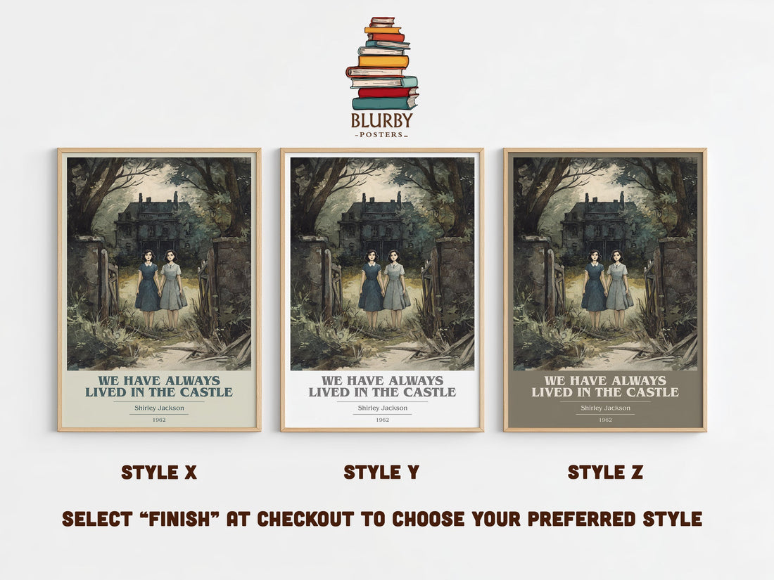 We Have Always Lived in the Castle book cover print in frame leaning in hallway – gothic wall art (mockup)