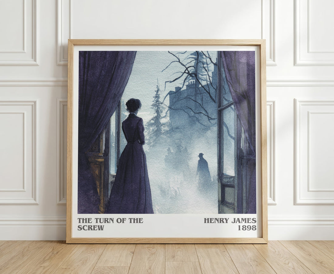 The Turn of the Screw literary print in frame leaning in hallway – gothic wall art (mockup)